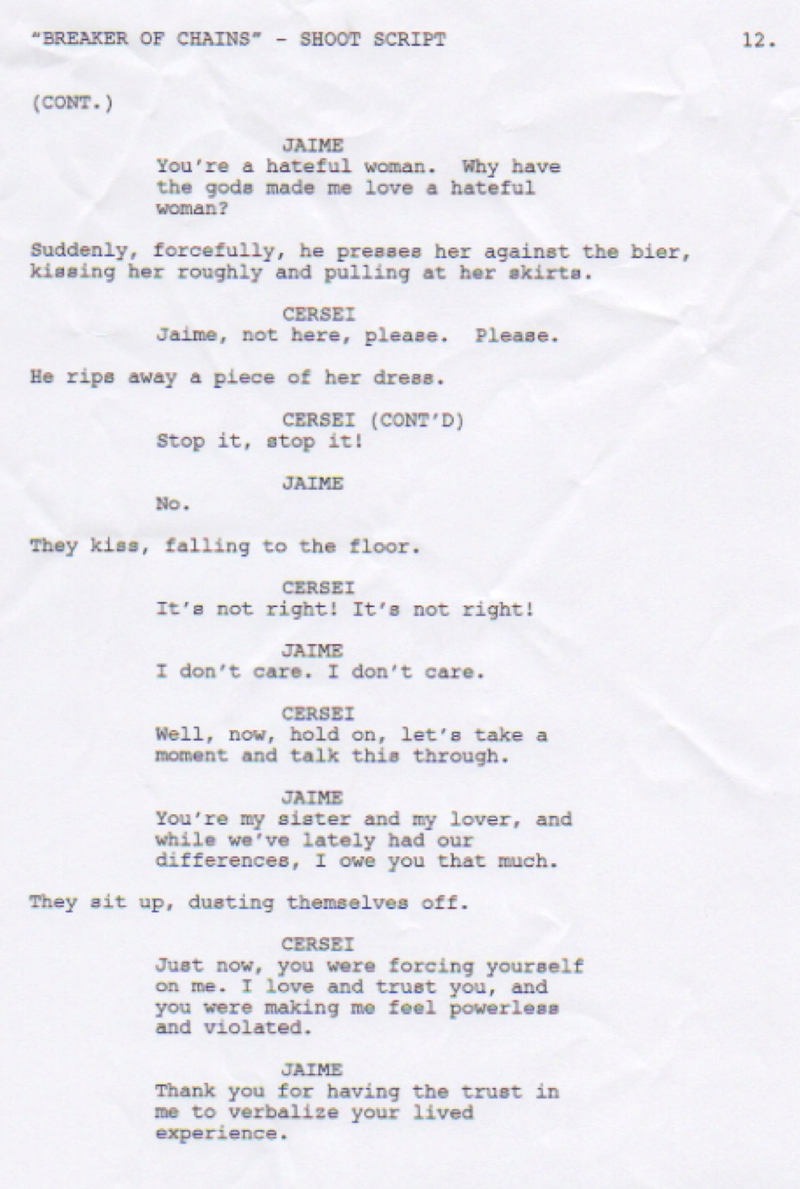 Illustration for article titled Original Script For Controversial Game Of Thrones Scene Very Different